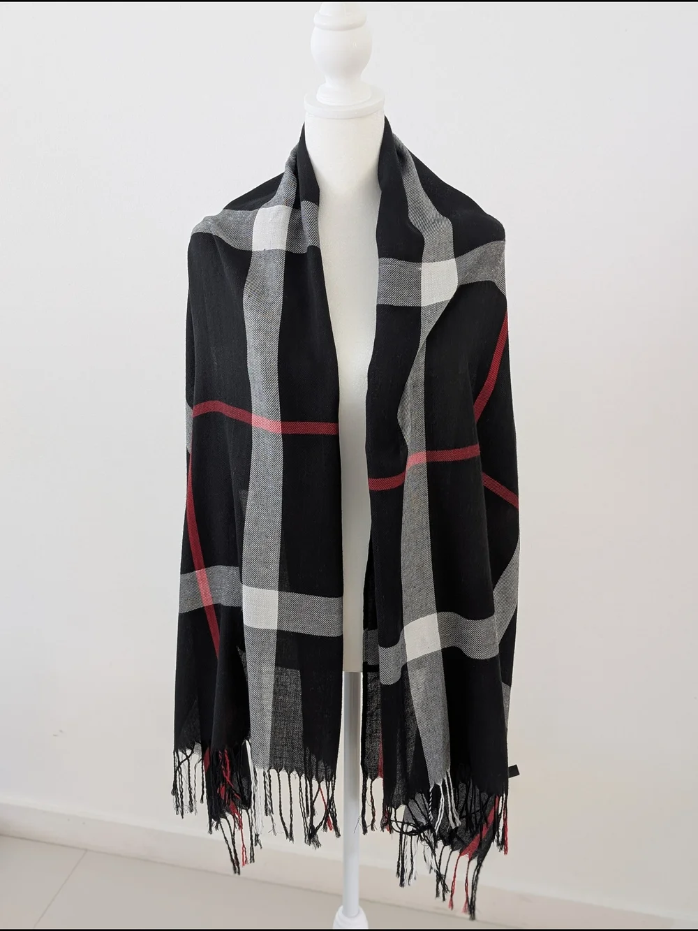 Scarf Black White Plaid  Fringe Edges Oversized Classic Shawl 66